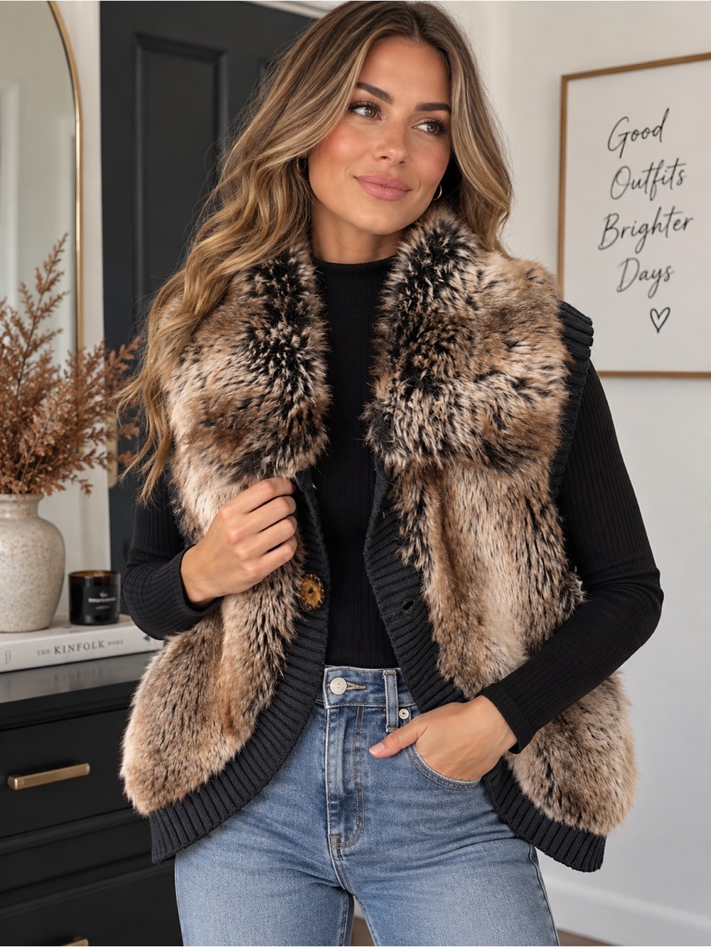 outdoor edition by parkhurst faux fur knit vest women’s m/m black brown
